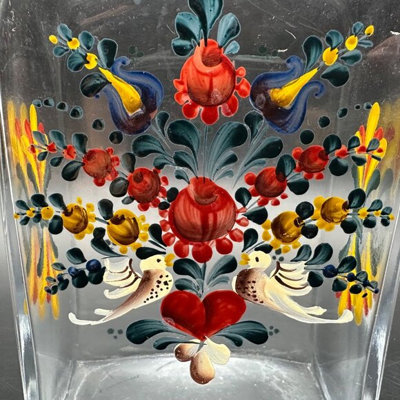 Vintage Glass Decanter Bottle Enamel Painted Floral Birds Red Yellow Blue READ - Picture 7 of 12